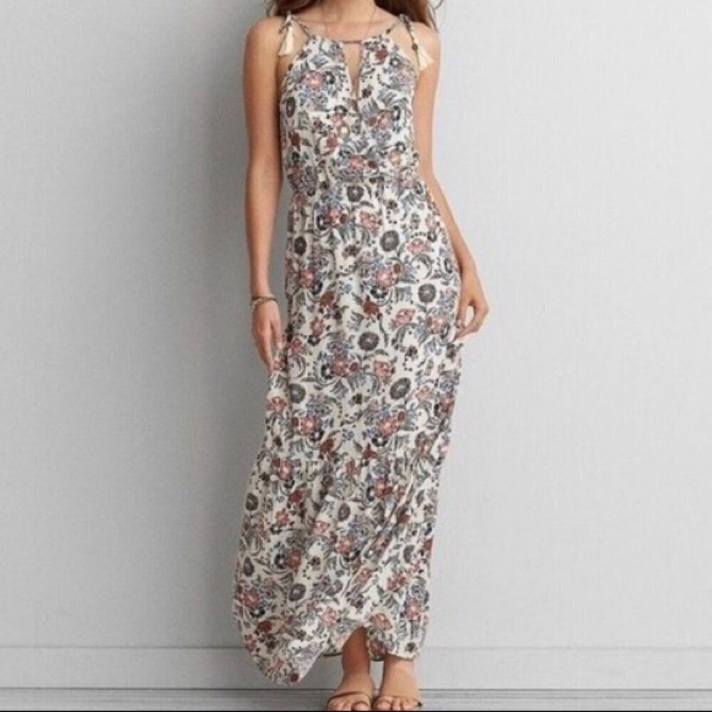American Eagle Outfitters Floral Print Maxi Dress with Tassles and Keyhole Front